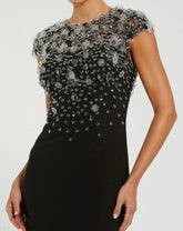 Black Crystal Embellished Jersey Fitted Cap Sleeve Gown